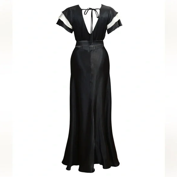 1930s Paramour Bias Cut Gown - Black & Ivory Satin - Picture 3 of 14